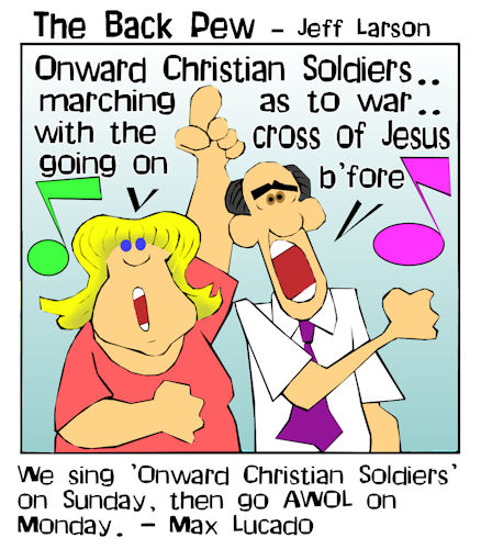 This christian cartoon features a couple singing onward christian soliders