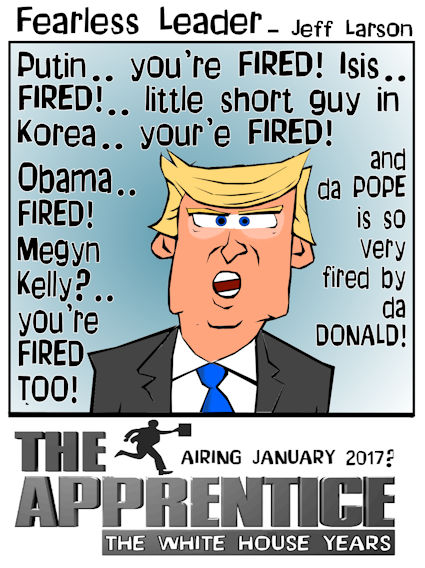 This Donald Trump cartoon features the presidency turned into the Apprentice white house edition