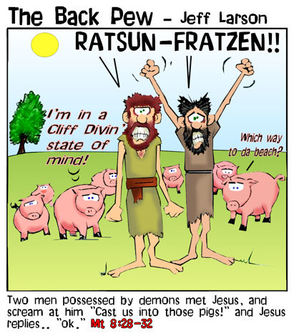 christian cartoons, pig cartoons, matthew 8:28-32
