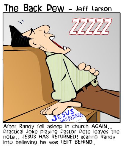 This christian cartoon features a man falling asleep in church and then fell victim to a practical joke