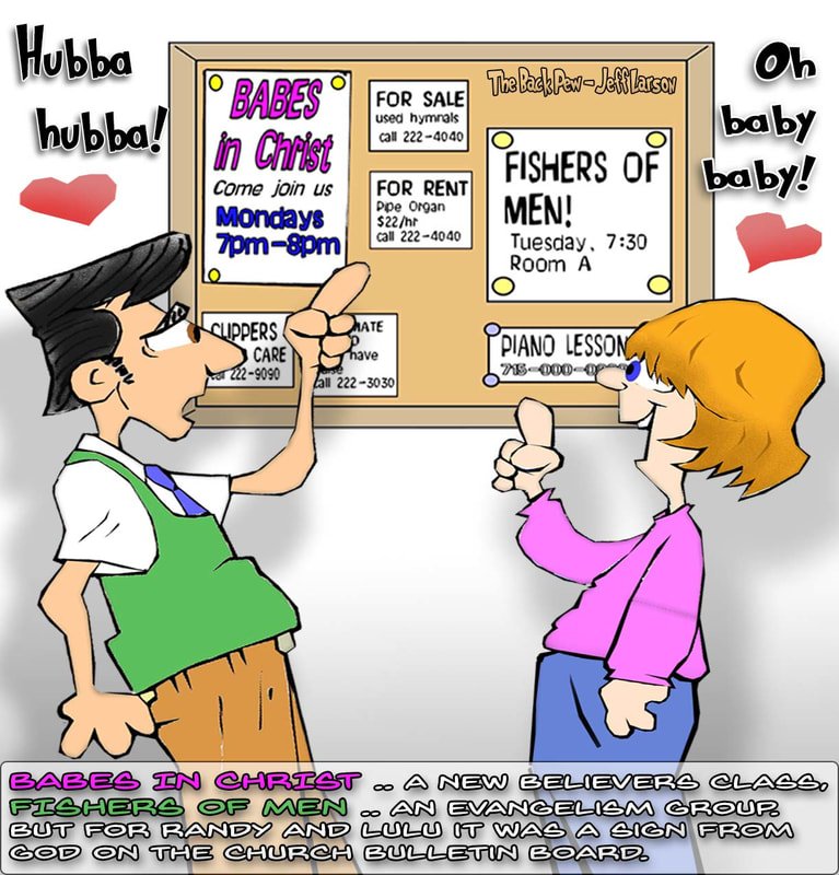 This christian cartoon features a young couple falling in love at the church bulletin board