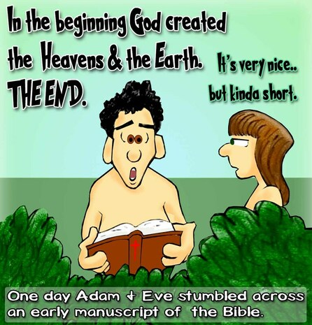 This Bible Cartoon features Adam reading the very first Bible