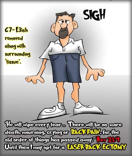 This christian cartoon features an extreme back surgery makeover.