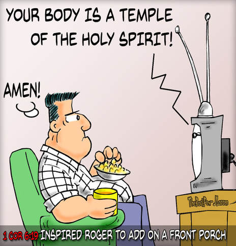 This Christian cartoon features a man inspired but confused regarding his body is a temple of the Holy Spirit