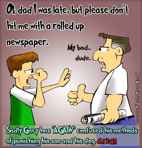 This christian cartoon features a dad punishing his son with rolled up newspaper