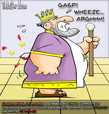 This Bible cartoon features the Old Testament story in the book of Judges where King Eglon was stabbed by Ehud