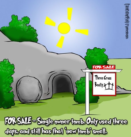 This Easter cartoon features the stone rolled away and Jesus tomb is empty