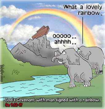 This Bible cartoon shows God's covenant with man after the Great Flood signed with a RAINBOW. Ge 9:12-17Picture