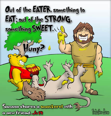This Bible cartoon features the story of Samson, the lion, and honey