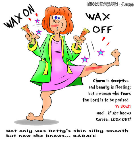 This Christian cartoon features a woman learning Karate during wax on wax off hair removal