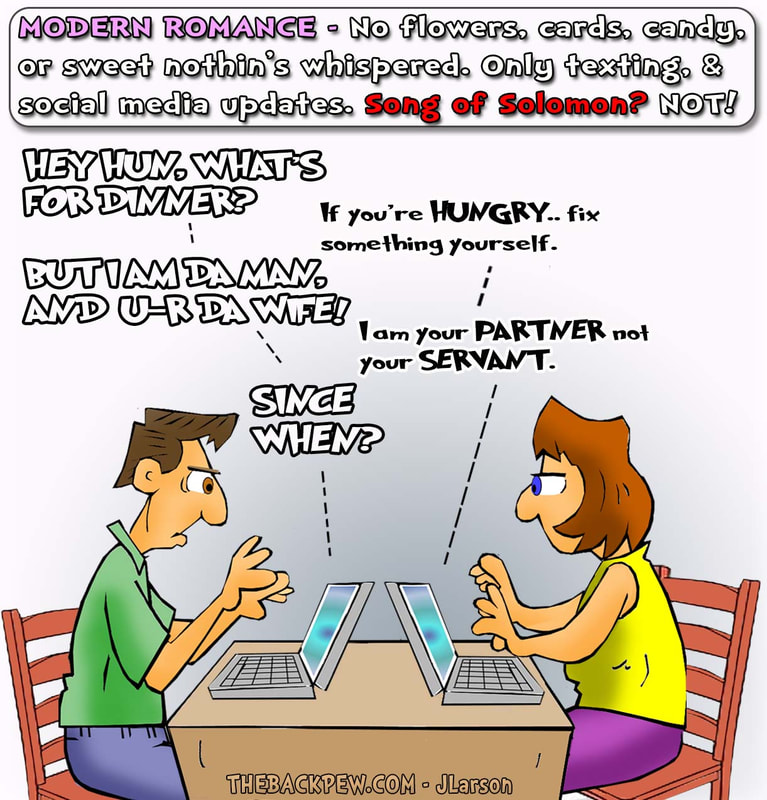 This modern romance cartoon features a couple only using social networking to communicate