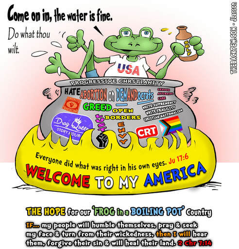 This political cartoons illustrates America as the frog in the boiling pot of change