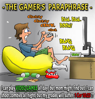 This christian cartoon features a teenager playing video games paraphrasing 1 Cor 10:23