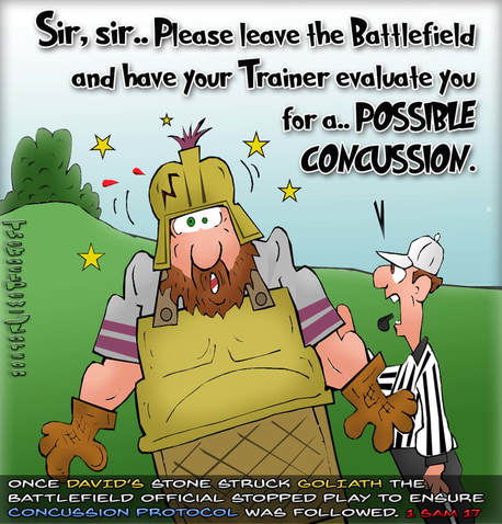 This Goliath cartoon features the bible story from 1 Samuel 17 noting a possible concussion