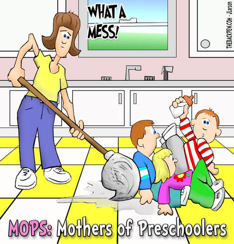 This Mom cartoon features a mother with a MOP cleaning up after her kids