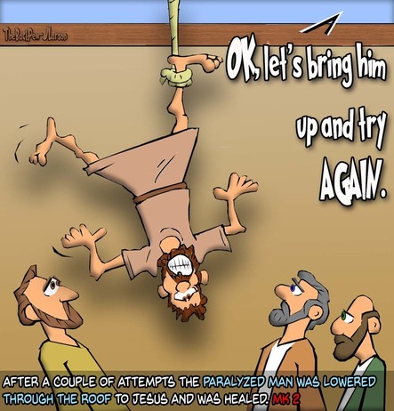 this gospel cartoon features the story of Jesus healing the man lowered through the roof