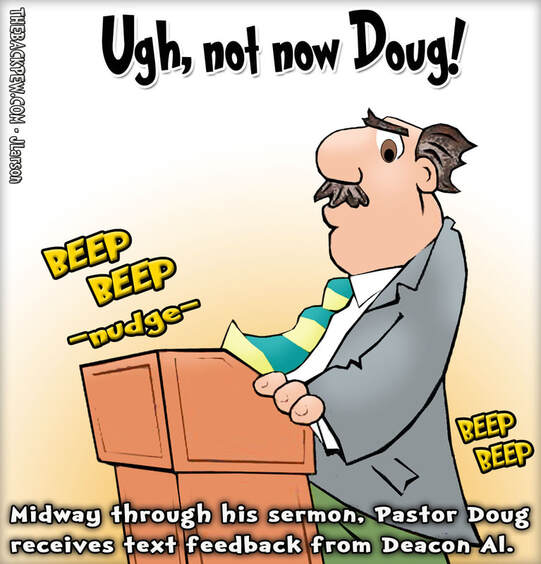 This church cartoon features a preacher during his sermon beeped to play words with friends