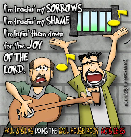 This bible cartoon features Paul and Silas worshiping despite being in jail as told in Acts 16:25