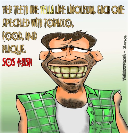 This Redneck cartoon features the yellow stained toothy redneck smile while referencing Song of Solomon 4:2