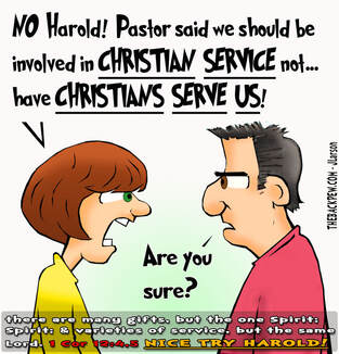 This christian cartoon features confusion by Harold regarding being involved in Christian Service
