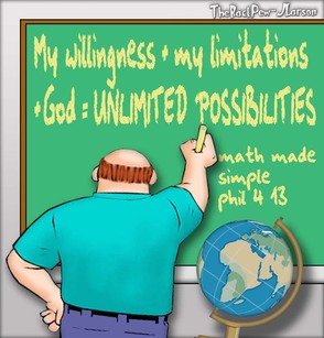 This christian cartoon features how God shares simple math in Philippians 4:13