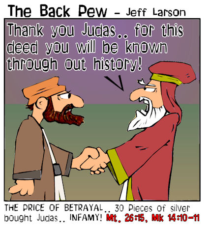 This gospel cartoon features the moment Judas betrayed Jesus for 30 pieces of silver