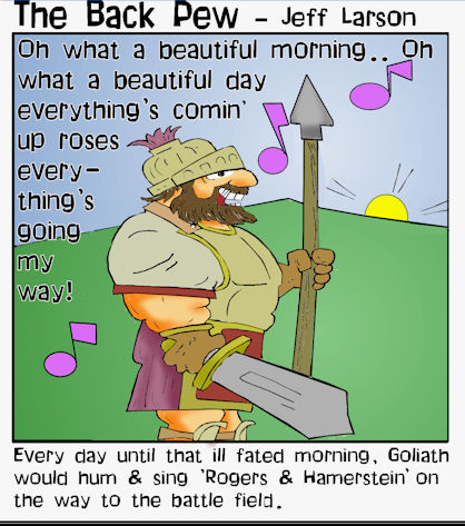 This bible artoon features the story of Goliath from 1 Samuel 17 singing confidently on the way to the battle field