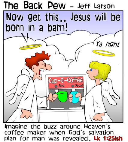 This christian cartoon features the buzz around Heaven's coffee maker when God's plan of salvation was leaked out.