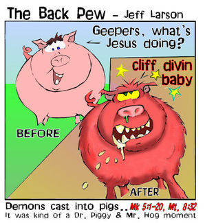 christian cartoons, pig cartoons, demons cast into pigs cartoons