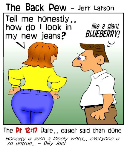 This marriage cartoon features  a husband asked the simple question if his wife's pants look tight