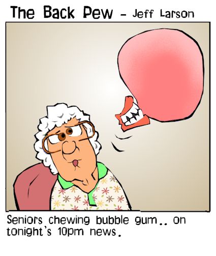 senior citizen cartoons, cartoons, bubble gum, false teeth