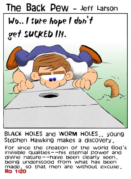 This christian cartoon features young Stephen Hawking discovering a BLACK HOLE