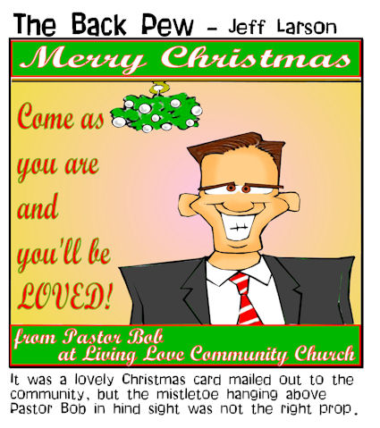 mistletoe, cartoons, church Christmas card