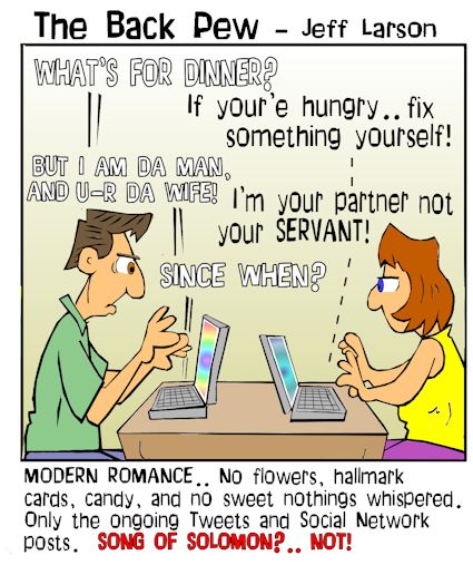 this  marriage cartoons features a husband communicating only through social networking even though they are sitting next to each other