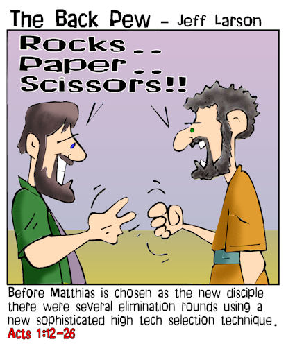 This bible cartoon features the bible story from Acts 1 where Matthias is chosen as the new disciple