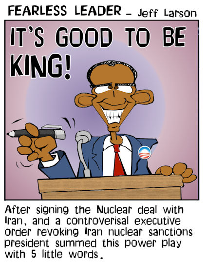 This political cartoon features President Obama through executive order and other acts of careless diplomacy enabling Iran to build nuclear weapons