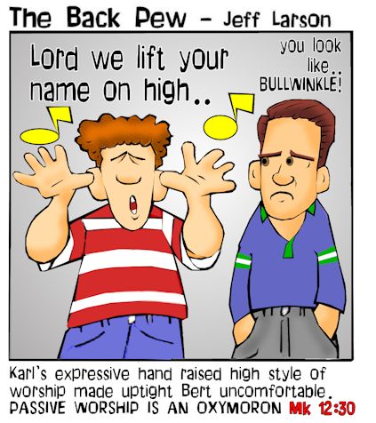 This worship cartoon features a guy lifting his hands in worship and looking stranglely like a moose