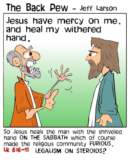 gospel cartoons, cartoons, Jesus heals withered hand, Luke 6:6-11