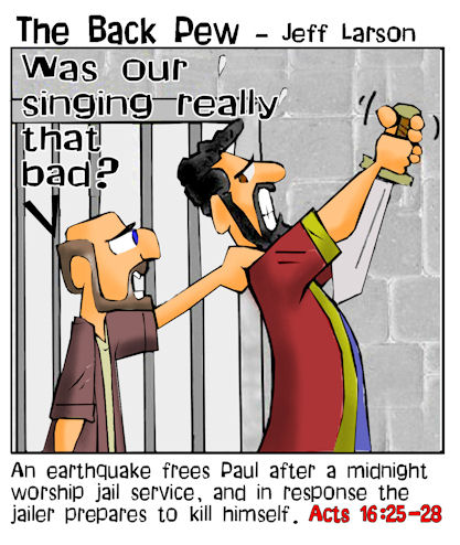 This bible cartoon features Paul stopping the jailer from killing himself in Acts 16