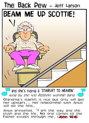 senior citizen cartoons, stair lift cartoons, stairway to Heaven cartoons