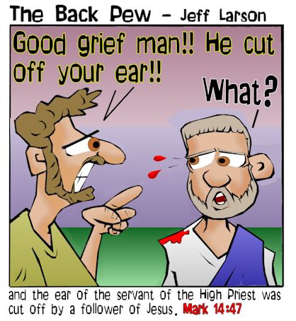 This christian cartoon features the story of Jesus cutting off the ear of the servant of the High Priest