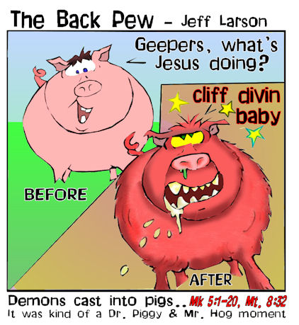 This gospel cartoon features a pig before and after Jesus cast a demon into him