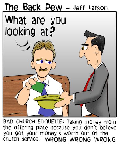 This christian cartoon features a church offering take back