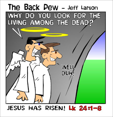 This Easter cartoon features angels at Jesus empty tomb