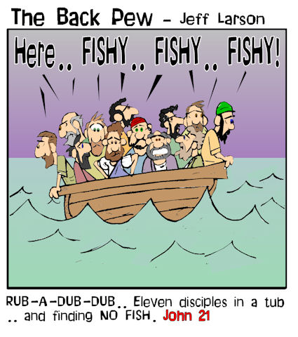 gospel cartoons, disciples fishing cartoons, John 21, fishing cartoons