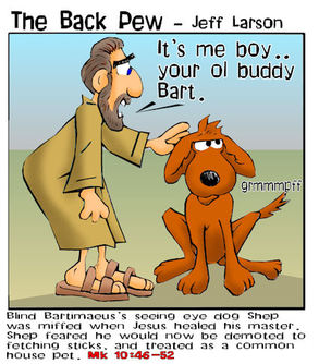 christian cartoons, Blind Bartimaeus, Jesus heals, Mark 10:46-52