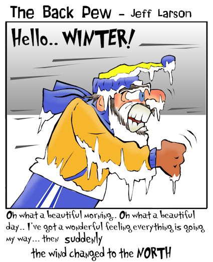This Christian cartoon features a man frozen in the dead cold of winter