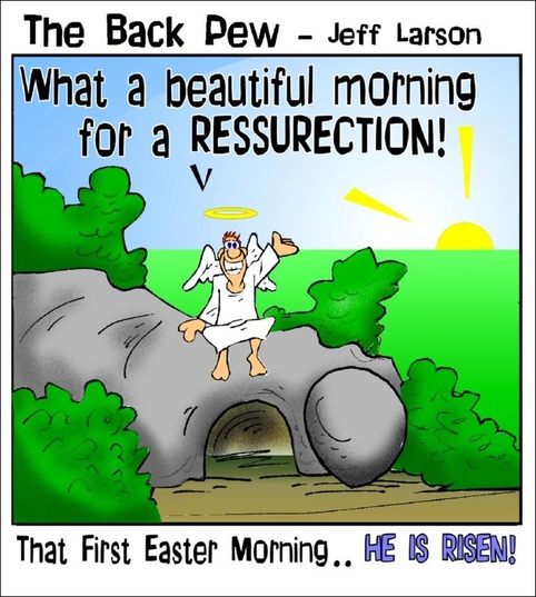 This Easter cartoon features an angel setting on the empty tomb  because JESUS IS RISEN