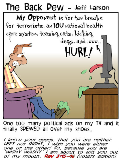 This christian cartoon features the 24/7 news til you barf channels