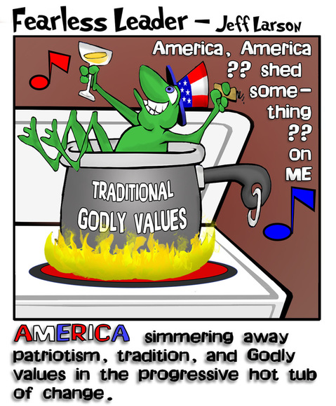 This political cartoons illustrates America as the frog in the boiling pot of change